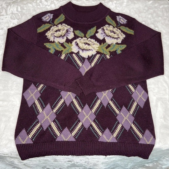 Alfred Dunner Purple Retro Floral Argyle Granny Wool Blend Knit Pullover Sweater - Picture 3 of 9
